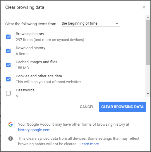 Clear cache & cookies to fix Google Chrome not working on Windows 10