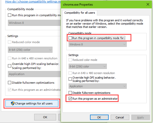 Changing compatibility of chrome to fix google chrome not working in Windows 10