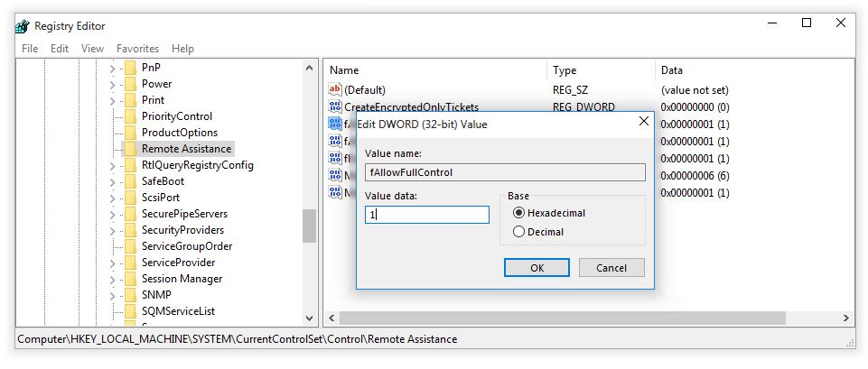 Modifying value data in Registry Editor to Enable Remote Assistance