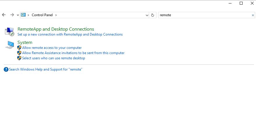 Search for Remote in Control Panel to Enable Remote Assistance on Windows 10